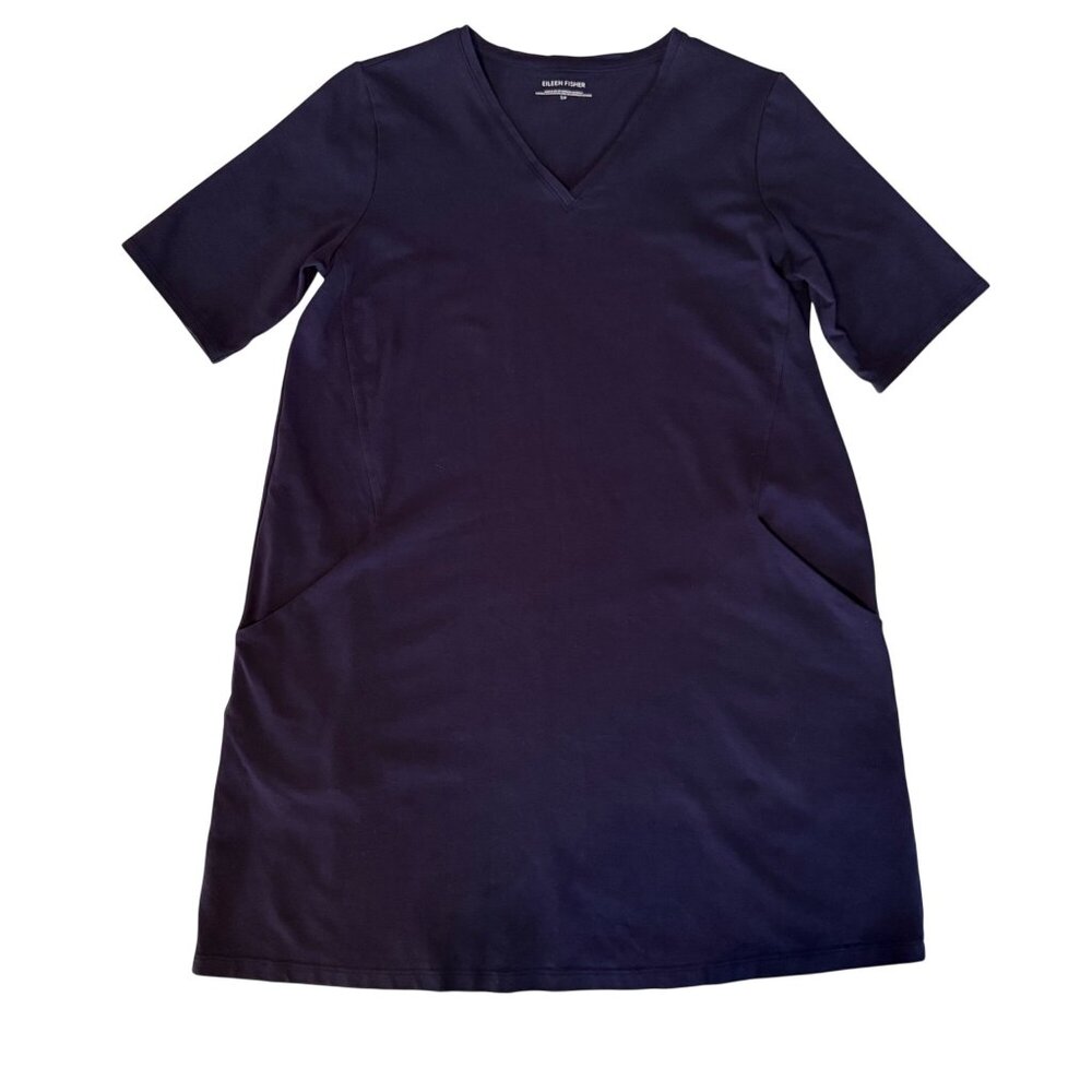 SMALL Eileen Fisher Navy Blue Knit V Neck Elbow Length Short Sleeve Dress